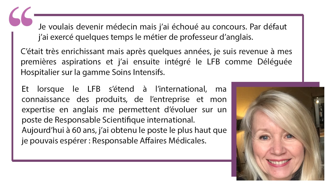 Je voulais devenir médecin mais j'ai échoué au concours. Par défaut j'ai exercé quelques temps le métier de professeur d'angalis. C'était très enrichissant mais après quelques années, je suis revenue à mes premières aspirations et j'ai ensuite intégré le LFB come Déléguée Hospitalier sur la gamme Soins Intensifs. Et lorsque le LFB s'étend à l'international, ma connaissance des produits de l'entreprise et mon expertise en anglais me permettent d'évoluer sur un poste de Responsable Scientifique International. Aujourd'hui, à 60 ans, j'ai obtenu le poste le plus haut que je pouvais espérer : Responsable Affaires Médiacles.