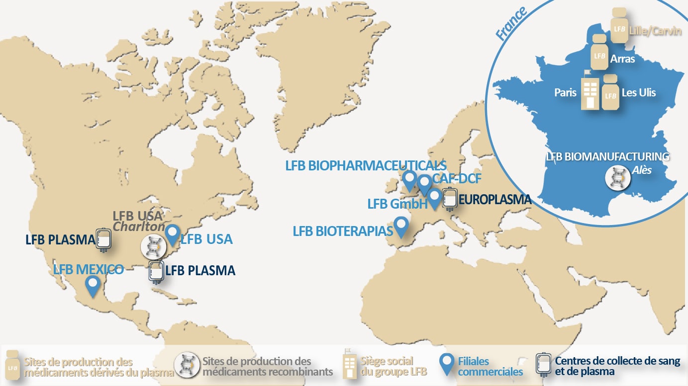 Carte géographique de la présence du LFB dans le monde.